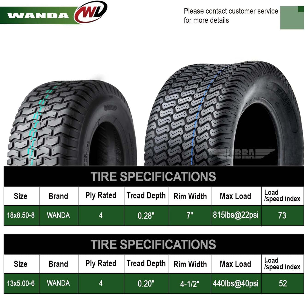 WANDA Set 4 Lawn Mower Turf Tires 13x5-6 Front & 18x8.5-8 Rear /4PR -13106/13028