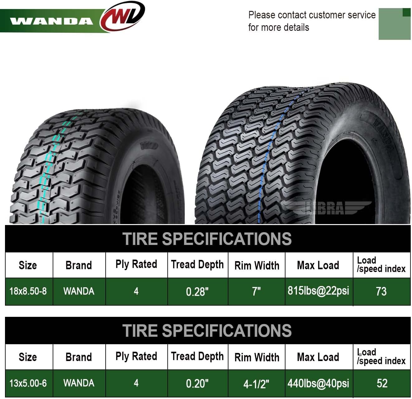 WANDA Set 4 Lawn Mower Turf Tires 13x5-6 Front & 18x8.5-8 Rear /4PR -13106/13028