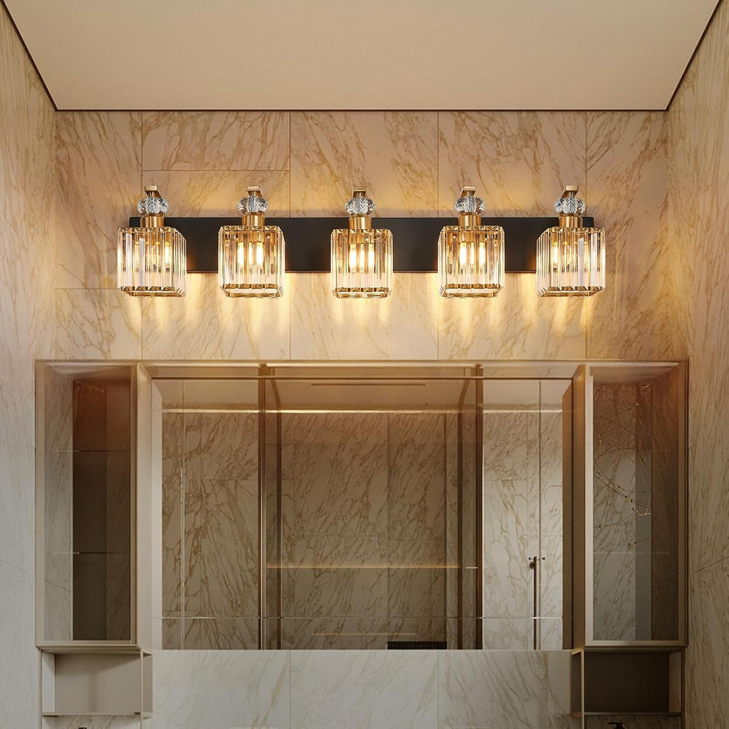 Modern Bathroom Vanity Light, 5-Light Black Gold Bathroom Lighting Fixtures Over Mirror, 36.3' Crystal Wall Light Sconce for Bathroom/Bedroom/Vanity, Includes LED Bulbs, Easy Installation