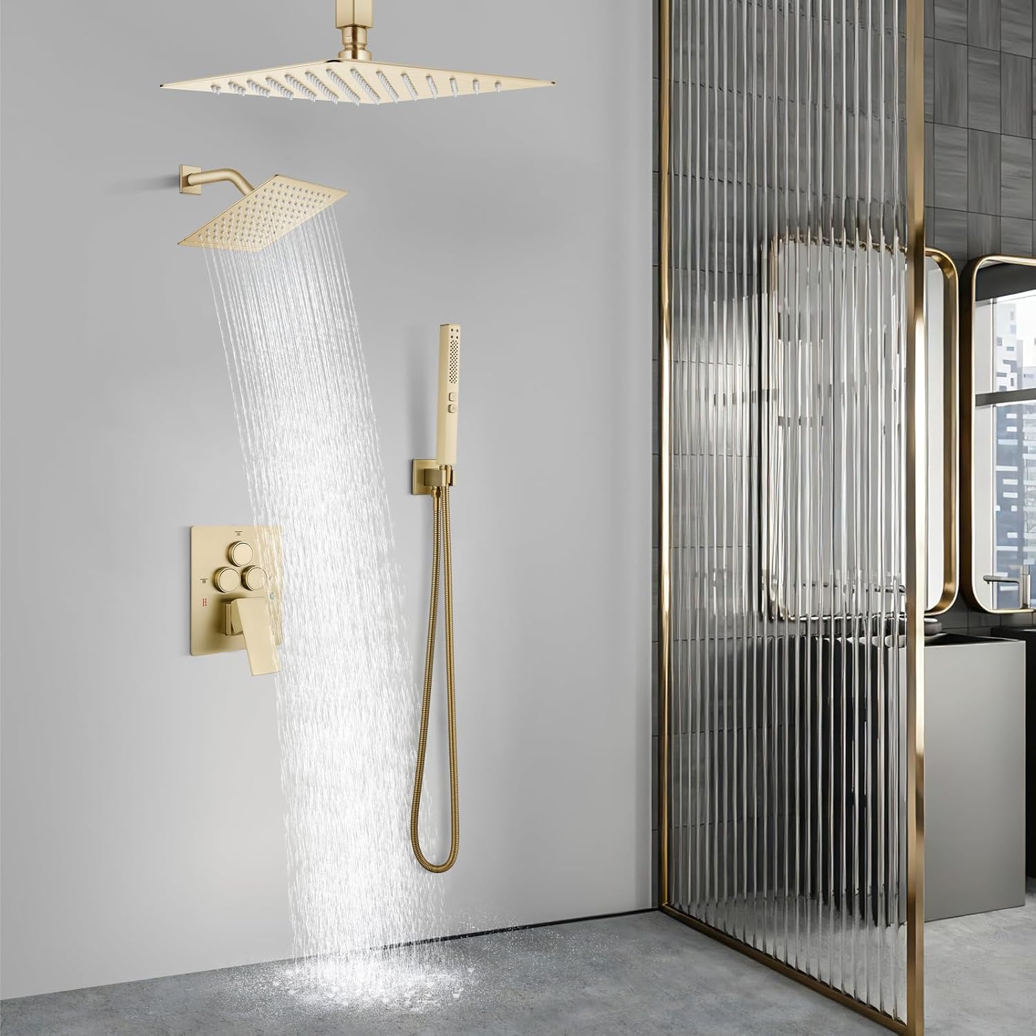 Aolemi Shower Faucet Set Ceiling Mount Shower System Rough-in Valve and Shower Trim Kit 2 in 1 Handheld Spray Push Button Diverter 16 and 6 Inch Dual Shower Head Brushed Gold
