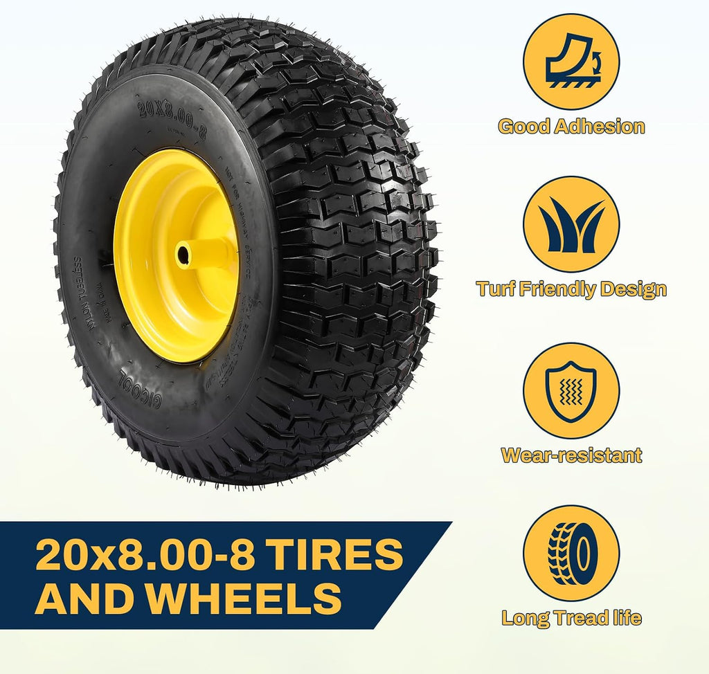 2PCS 20x8.00-8 Rear Tire and Wheel Assemblies, 3/4' Borehole, 3.5' Offset Hub and 3/16' Keyway, 4 Ply, 905lbs Capacity, Replacement for Riding Lawn Mowers