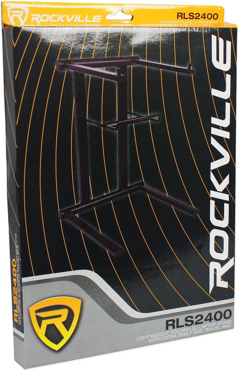 Rockville RFAAB Bundle: 110 in x 47.2 in DJ Event Facade Lightweight Frame Booth with Bag & Scrims, RLS2400 Lightweight Folding DJ Laptop Stand with Extra Shelf & Travel Bag, 2-Items