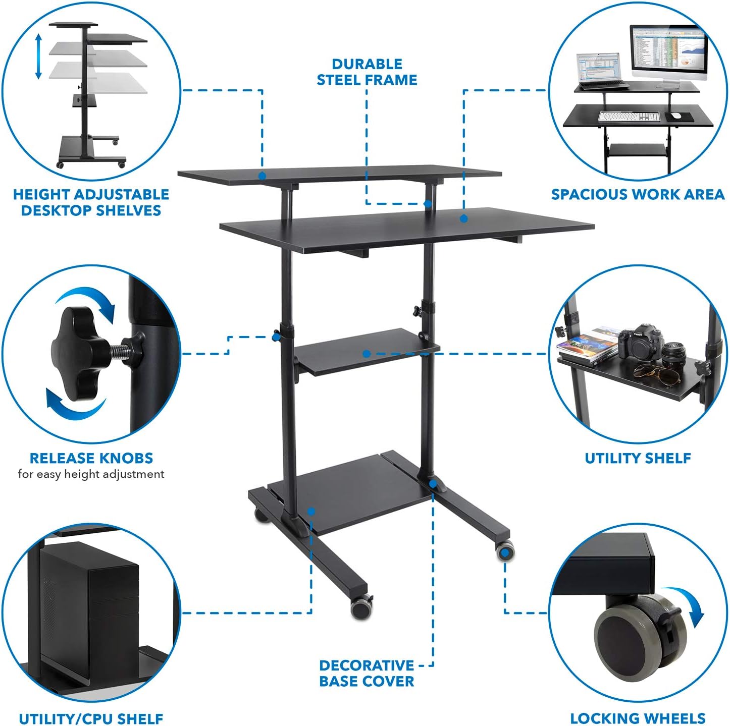 Mount-It! Mobile Desk Workstation 40 Inch Wide Large Rolling Computer Desk is Height Adjustable to 64 Inches, Sit Stand Computer Cart with Multi Level Shelves on Wheels in Black