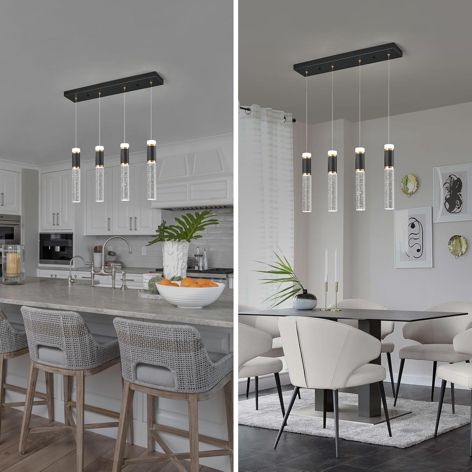 4-Light Pendant Light Fixture, Dimmable LED Kitchen Island Lighting with Bubble Crystal Shades, Modern Black Gold Metal for Dining Room, Foyer, Easy Installation