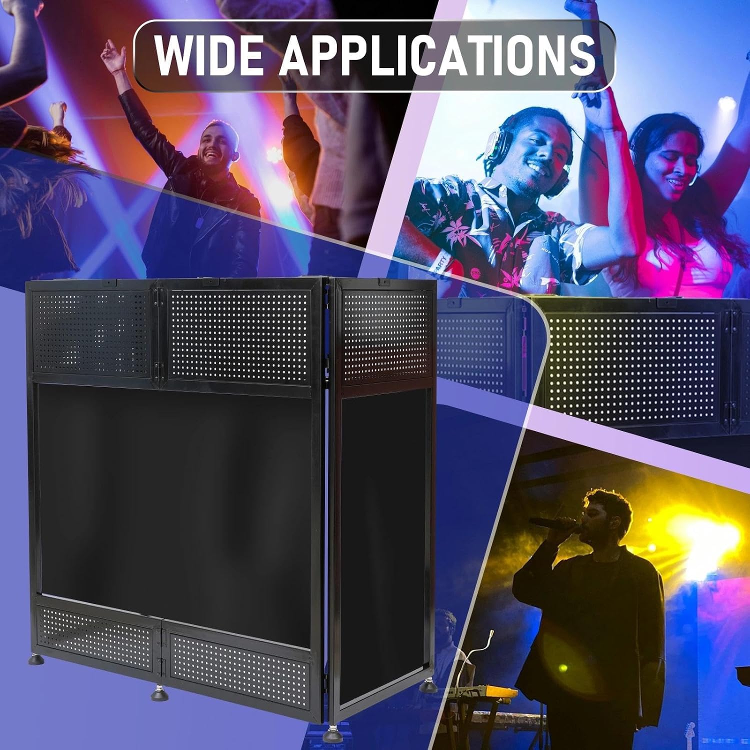 Portable DJ Booth Table, 41'L x 20'W DJ Table Stand Portable Booth Double Deck, Adjustable DJ Facade Station with White & Black Scrim, Foldable Metal Frame DJ Booth Panel for Parties, Wedding, Bars