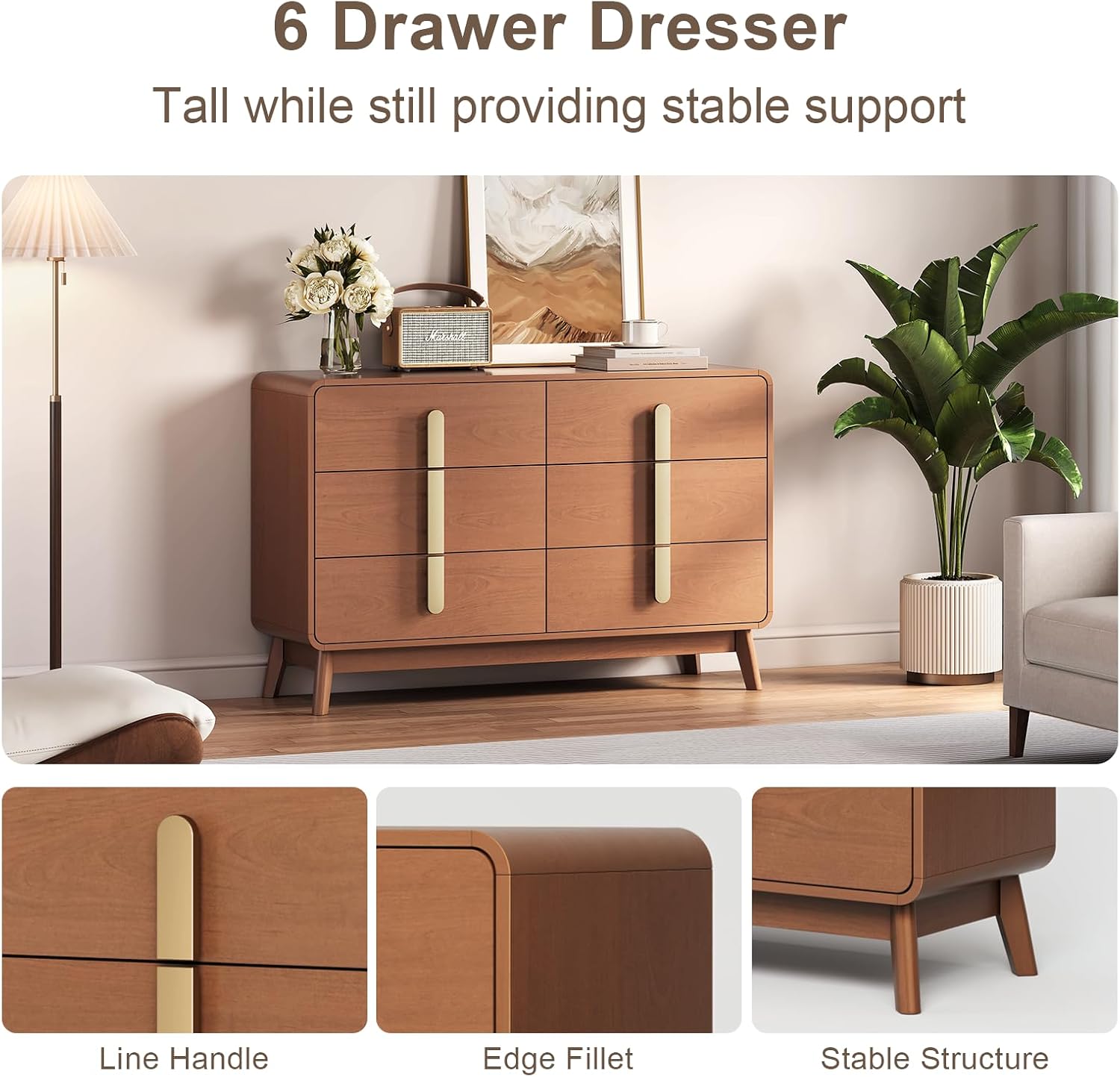 JOINICE Night Stand Set 2, Mid Century Modern Bedside Table with Drawers, Curved Profile Design End Table with Metal Handle, Nightstand Set of 2 with Storage, Bed Side Tables for Bedroom, Cherry