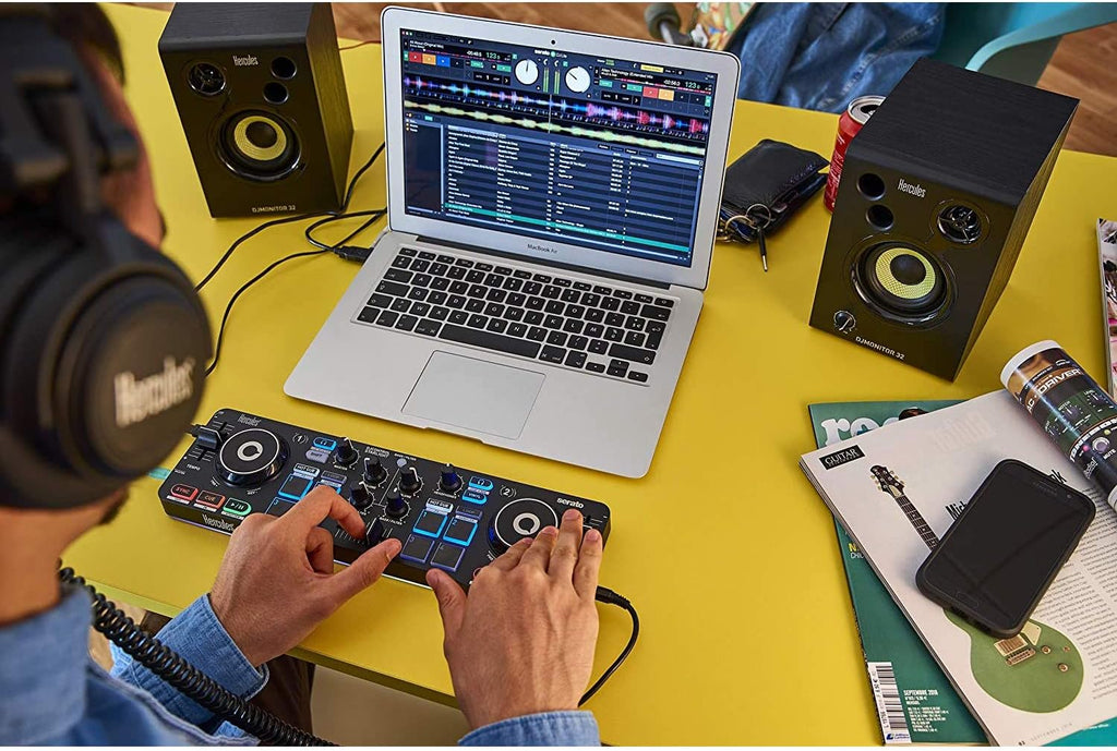 Hercules DJ Starter Kit with DJ Control Starlight, DJMonitor 32, HDP DJ M40.1 Headphones, & Serato DJ Lite + On-Stage Computer Laptop Audio Mixer, Lighting Controller, Midi Controller Stand