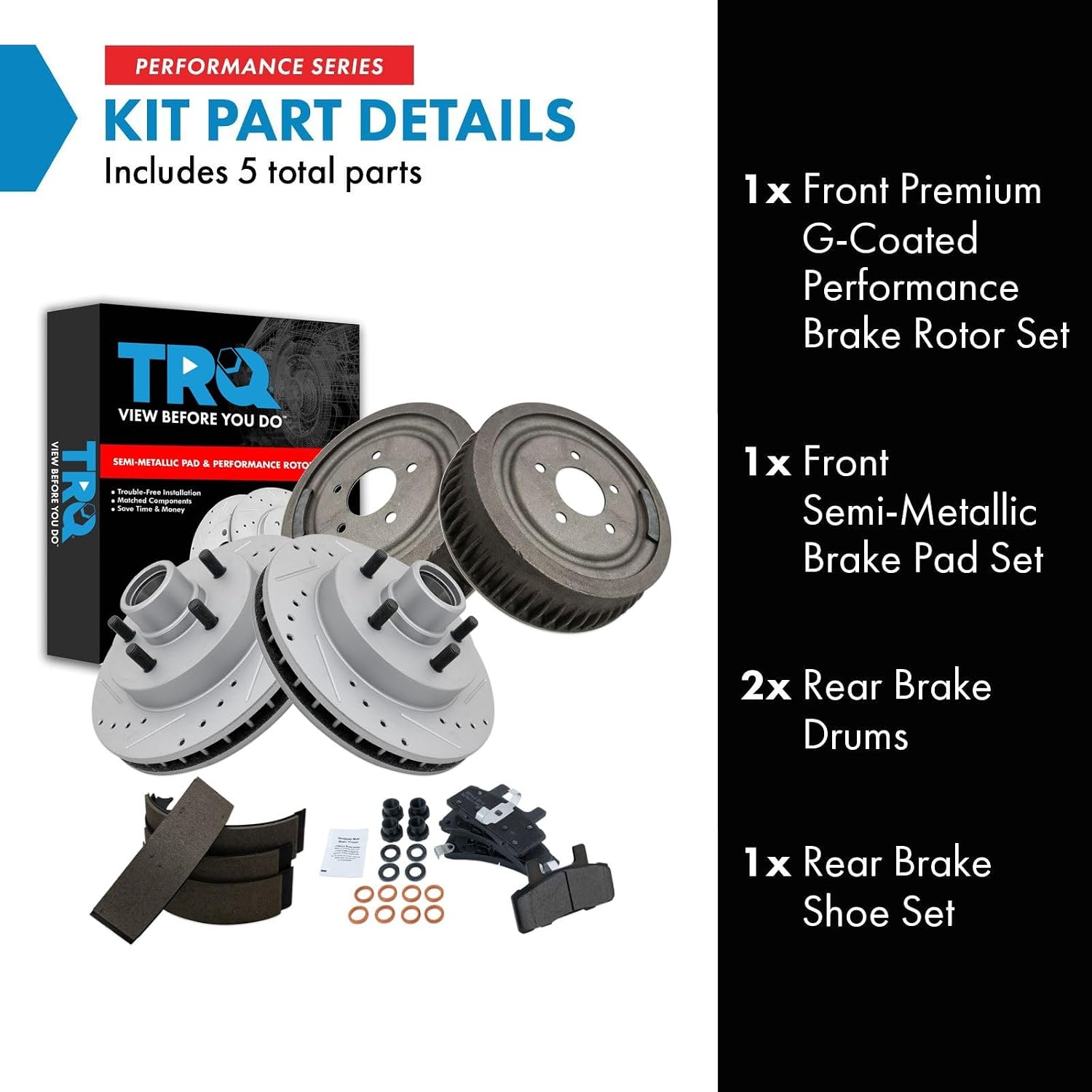 TRQ Brake Pad & Rotor,Shoe & Drum Kit Performance Semi-Metallic Premium G-Coated Front & Rear Compatible with 1995-1999 Chevrolet C1500 1992-1999 C1500 Suburban 1996-2002 Express 1500 GMC Savana 1500