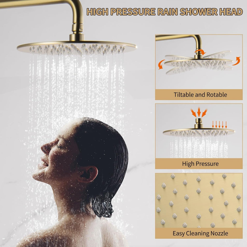 Exposed Shower System with Rain Shower and Handheld Sprayer, Outdoor Shower Fixture with Tub Spout, Rainfall Showerhead Faucet Combo Set for Bathroom Height Adjustable Shower Mixer Brushed Gold
