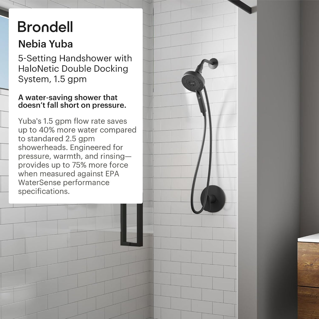Brondell Nebia Yuba HaloNetic Double Dock Magnetic Handheld Shower Head, 60' Stainless Steel Hose, 5-Setting, Matte Gold