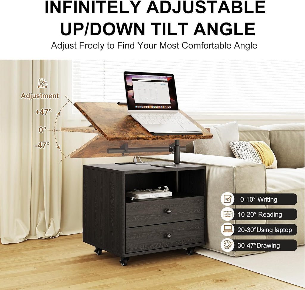 Bedroom Nightstand with Drawers & Charging Station, Adjustable Height Bedside Table with Wheels, Wooden Small Sofa Side Tables with Storage for Living Room, Black Brown