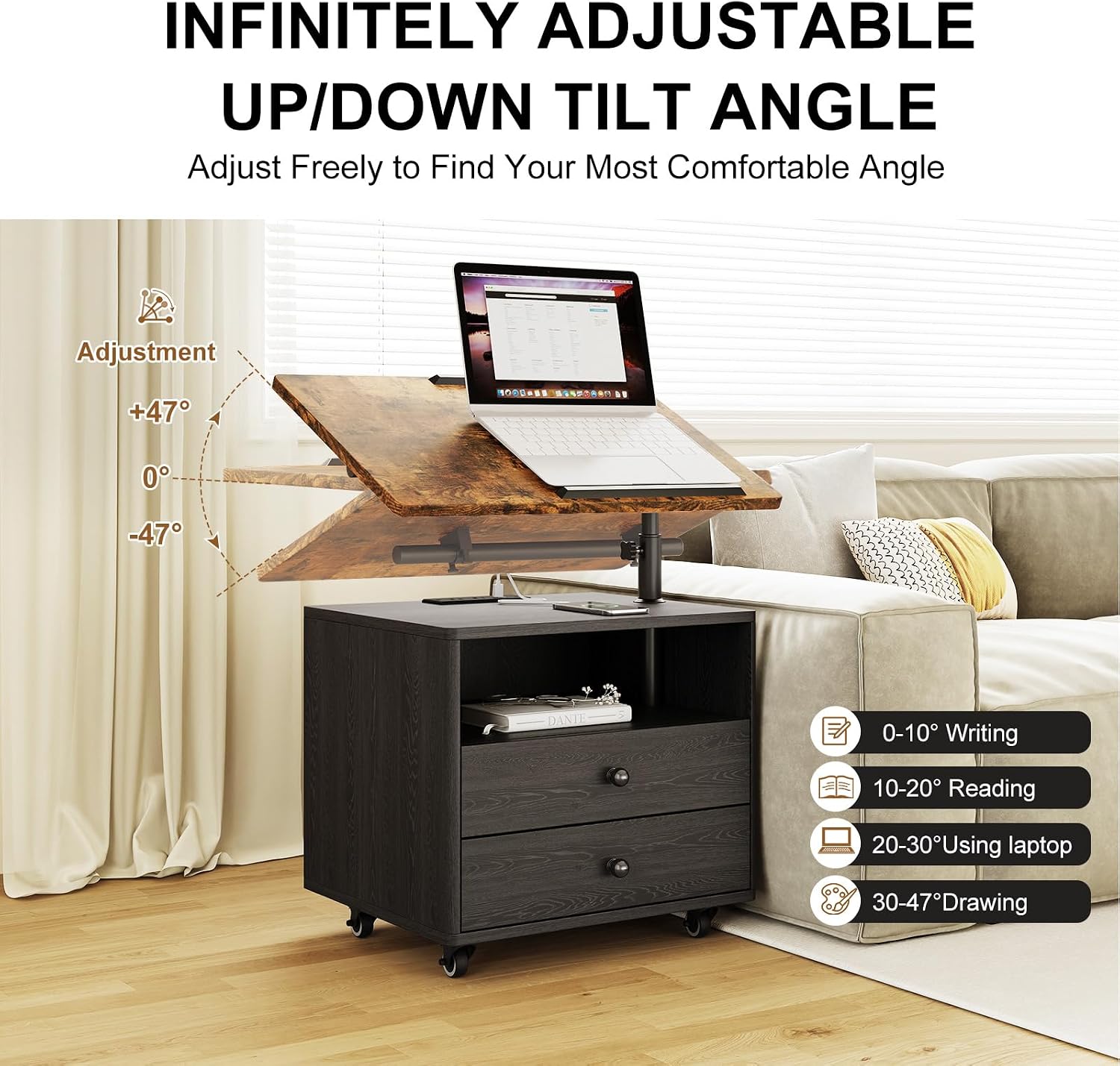 Bedroom Nightstand with Drawers & Charging Station, Adjustable Height Bedside Table with Wheels, Wooden Small Sofa Side Tables with Storage for Living Room, Black Brown