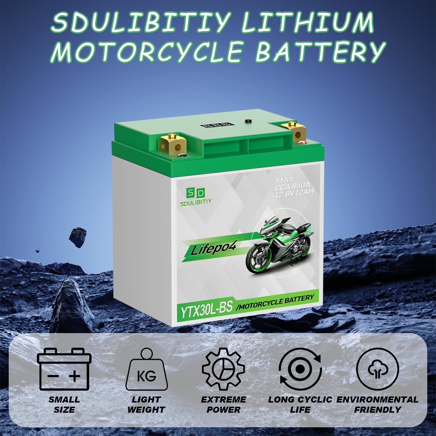 YTX30L-BS Lithium Motorcycle Battery LiFePO4 Engine Start Battery 12.8V 12AH 850 CCA LiFePO4 Engine Start Battery with BMS (Smart Battery Management System) 2500-8000 Life Cycles