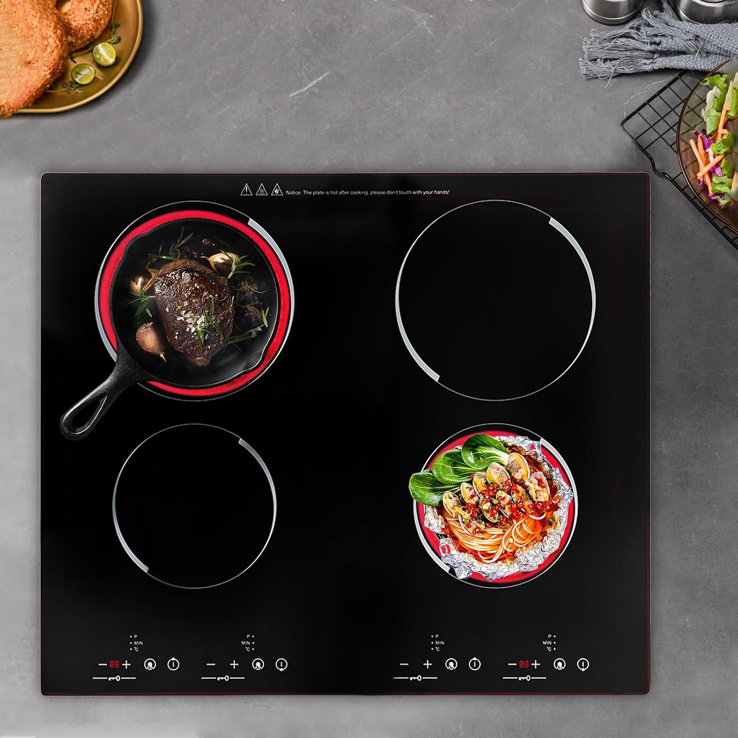 3000W 4 Burners Electric Ceramic Induction Cooktop Built-in Cooktop Electric Stove Top with 4 Electric Burners, 9 Heating Level, Safety Lock, Sensor Touch Control (900W+600W+900W+600W)