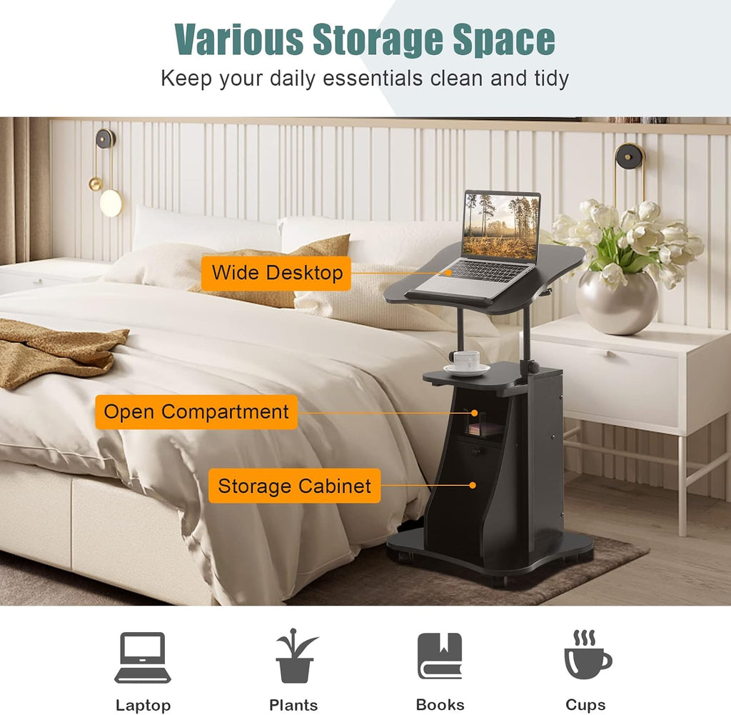 COSTWAY Mobile Lectern Podium Stand, Rolling Laptop Cart w/ 180° Tilting Tabletop, Storage Compartments & Lockable Casters, Sit-to-Stand Computer Workstation for Home, Office, School (Black, Set of 2)