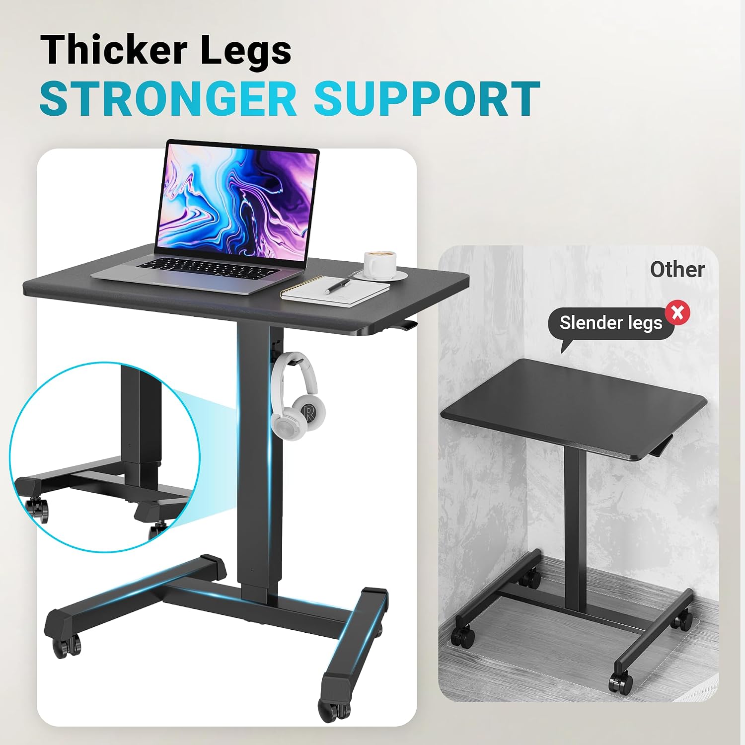 BONTEC Mobile Standing Desk Adjustable Height, Rolling Laptop Cart with Hook, Portable Workstation with Pneumatic Lift, Ergonomic Table with Wheels, Compact Home Office Desk, Black 25.6' x 17.7'