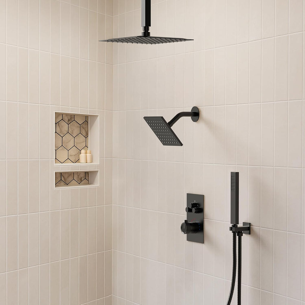 Ceiling Mount 12' High-Pressure Rainfall Shower Faucet, Dual Rainfall Shower Head System with Valve (Matte Black)