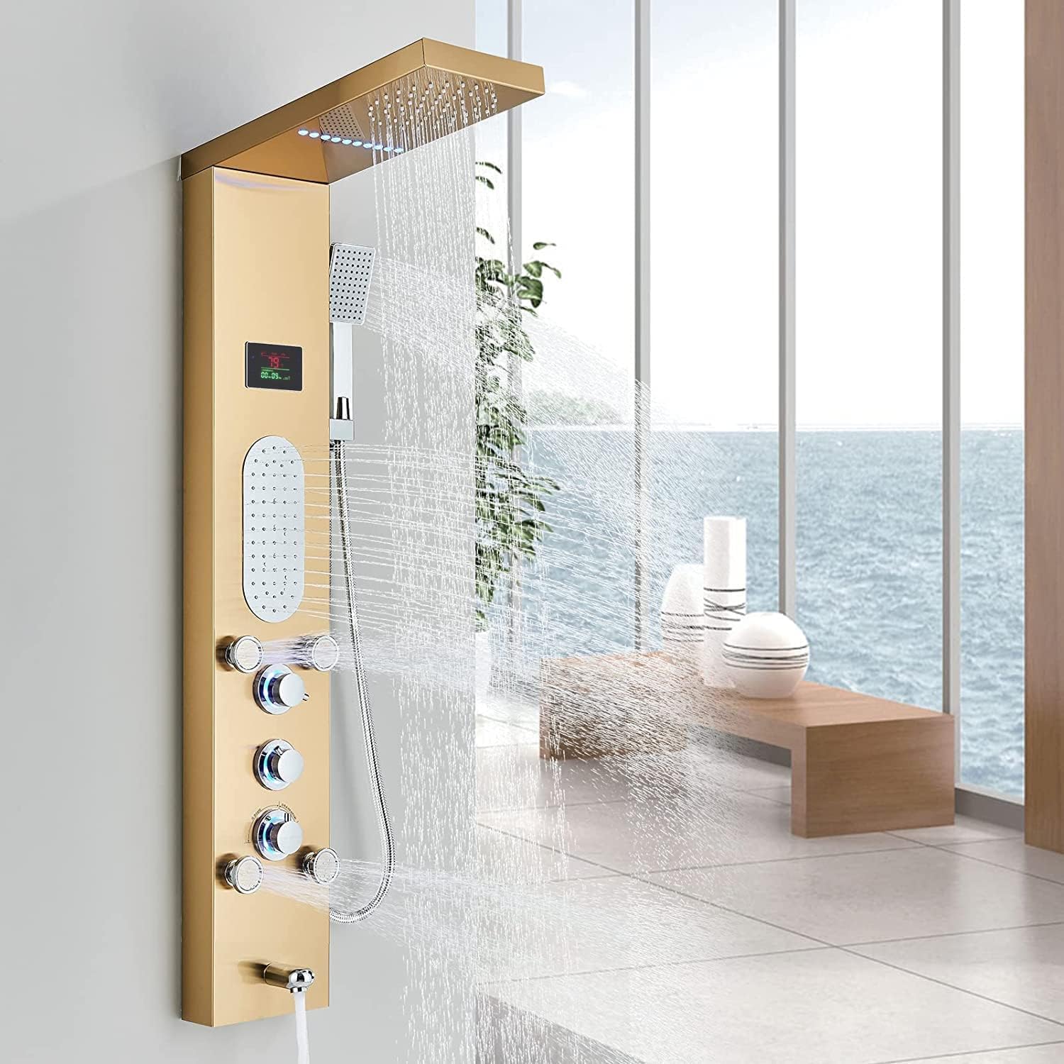 ELLO&ALLO LED Shower Panel Tower System, Rainfall and Mist Head Rain Massage Stainless Steel Shower Fixtures with Adjustable Body Jets, Brushed Gold
