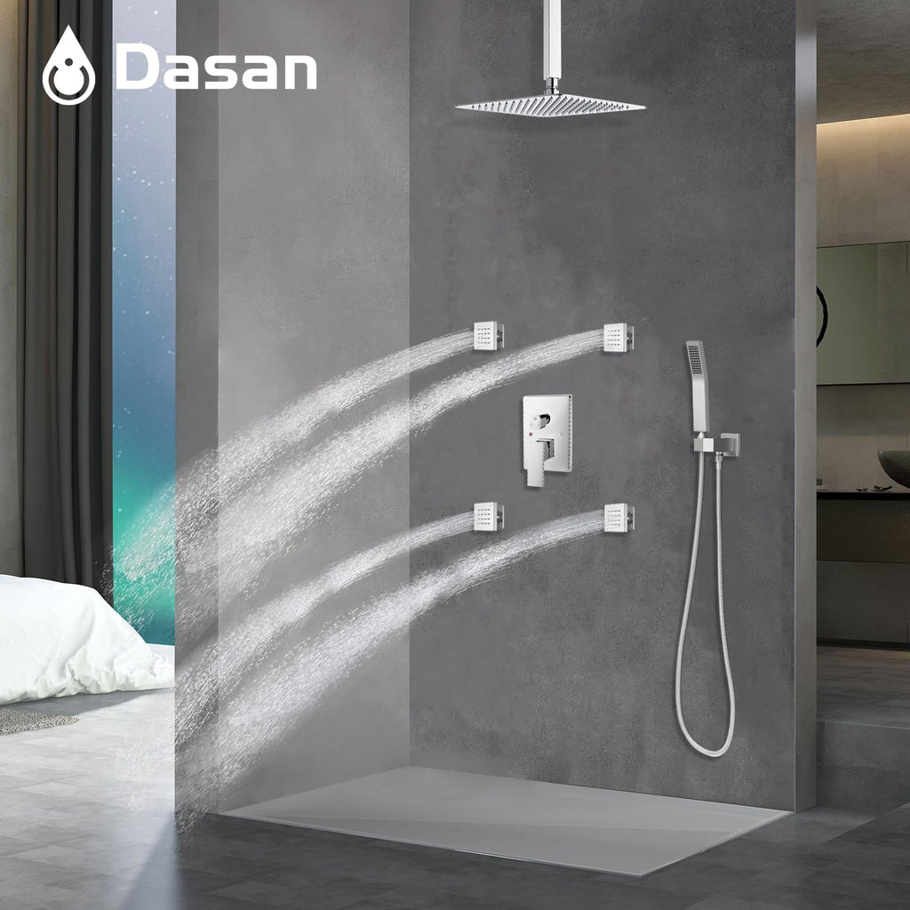 Polished Chrome Shower System with 4 PCS Shower Body Spray Jets & 12'' Ceiling Shower Head & Handheld Spray, DASAN Full Body Shower Faucet System with Jets Rainfall Shower Combo Set, SA-SS03BCH-S12C
