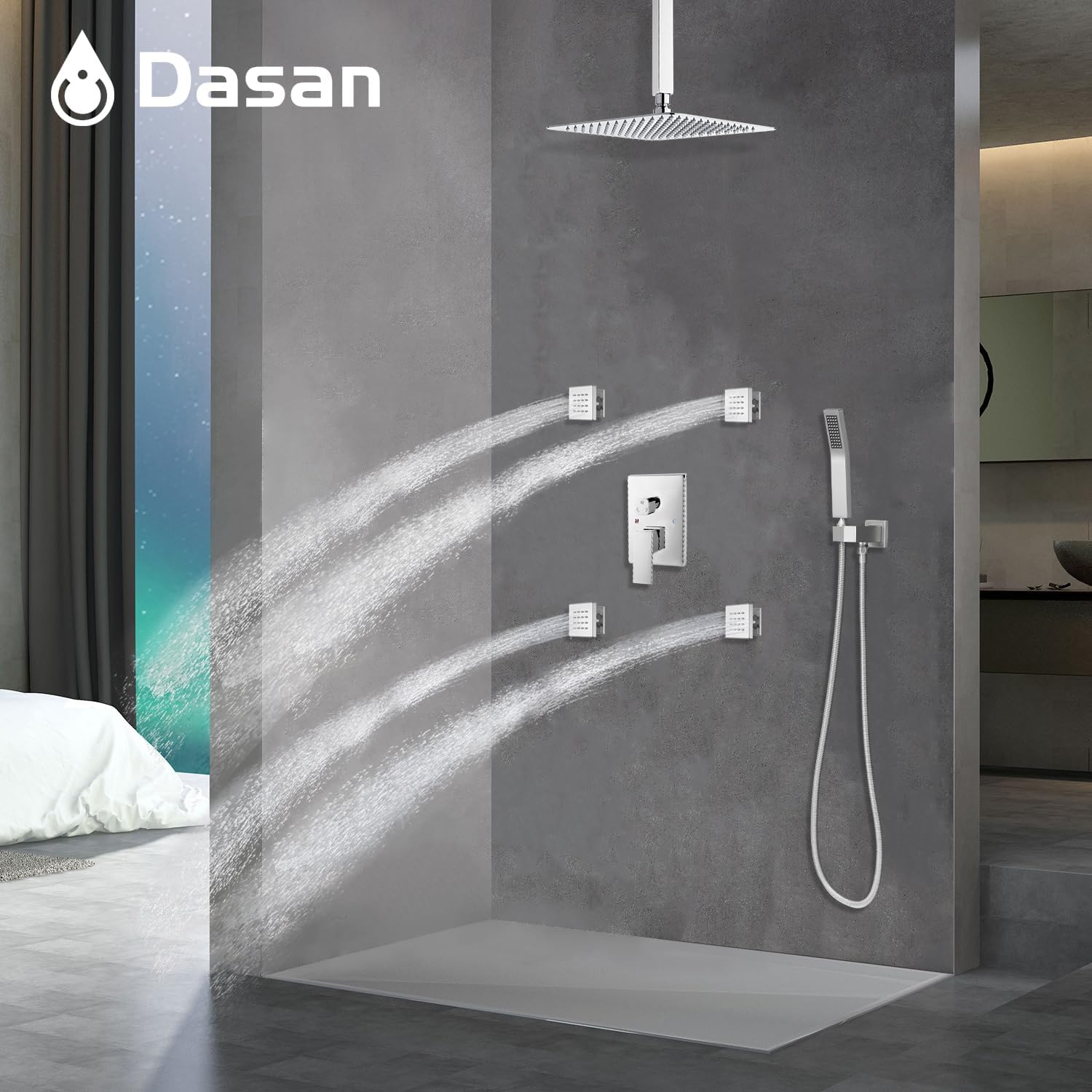 Polished Chrome Shower System with 4 PCS Shower Body Spray Jets & 12'' Ceiling Shower Head & Handheld Spray, DASAN Full Body Shower Faucet System with Jets Rainfall Shower Combo Set, SA-SS03BCH-S12C