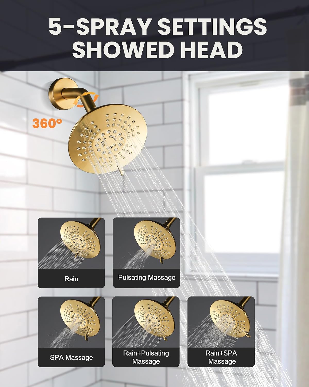 Shower Faucet Set Brushed Gold: Single Handle Bathtub Trim Kit with 6 Inch Rain Shower Head and Tub Spout, High Pressure Faucet Set for Bathtub (Brass Valve Included)