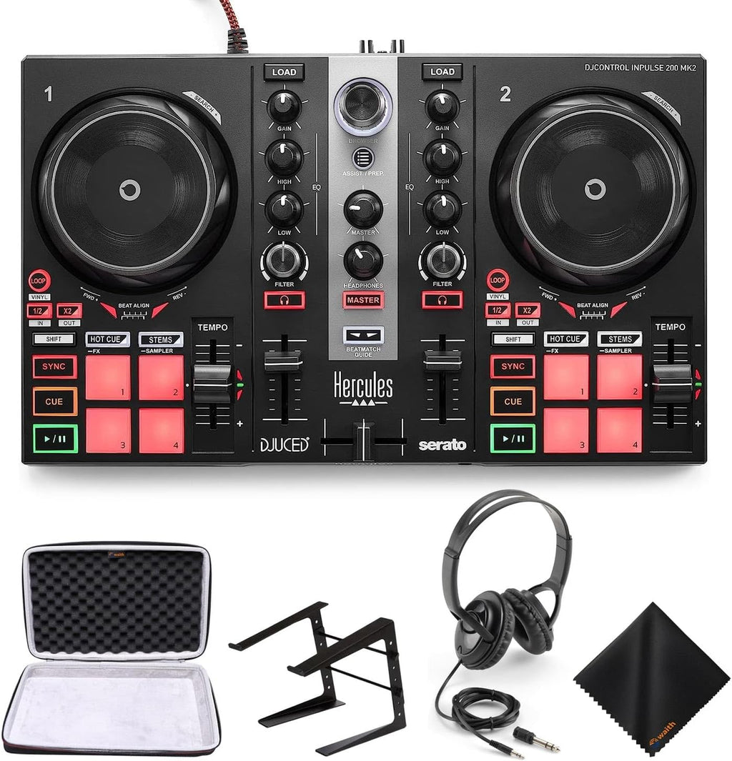 Hercules DJ Controller Inpulse 200 MK2-2 Deck USB DJ Controller with Over-Ear Headphones, On-Stage Laptop Stand, Waith DJ Controller Hard Carrying Case and Waith Cleaning Cloth (Bundle Set)