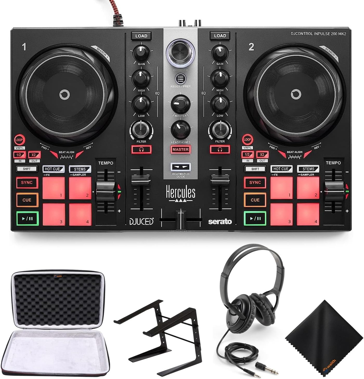 Hercules DJ Controller Inpulse 200 MK2-2 Deck USB DJ Controller with Over-Ear Headphones, On-Stage Laptop Stand, Waith DJ Controller Hard Carrying Case and Waith Cleaning Cloth (Bundle Set)