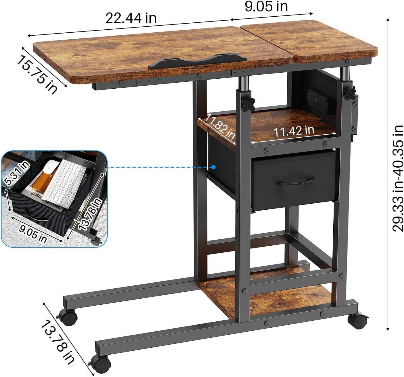 Height Adjustable Overbed Table with Wheel and Charging Station, Tiltable Desk C Shaped End Table for Couch, 2-Tier Overbed Bedside Desk with Storage Shelve for Living Room Bedroom