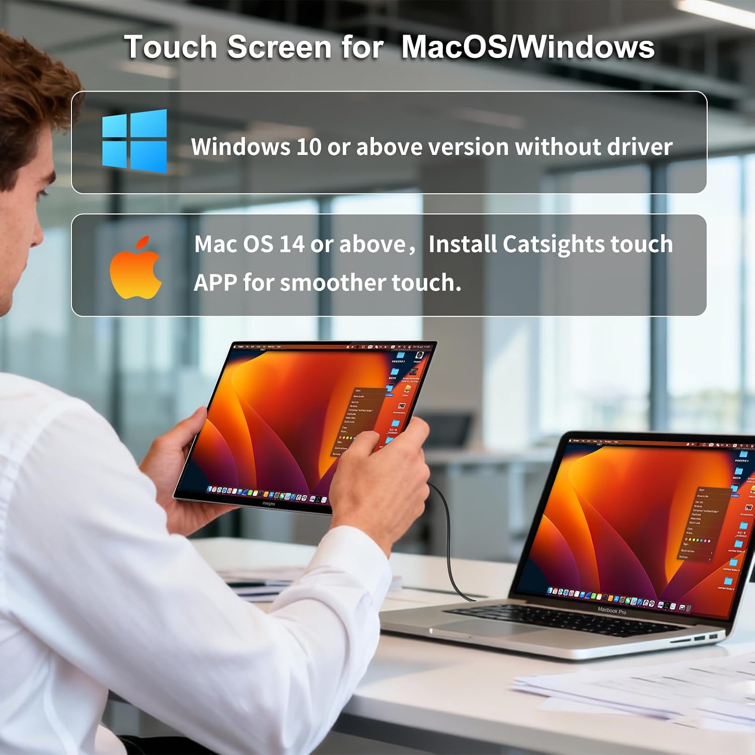 Portable Monitor Touchscreen for Mac 13.3' 2.5K Touch Screen Monitor with Protective Sleeve, USB-C Plug & Play 1500:1 0.22' Laptop Screen Extender for Mac Laptop PC Without Stand and Stylus