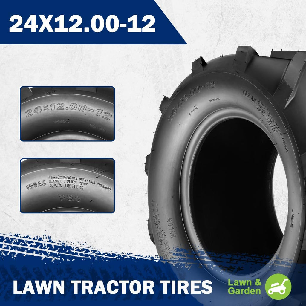 MaxAuto 24x12.00-12 Super Lug Ag Farm Tractors Rear Tires- 6 Ply Tubeless 24x12-12 Ridding Lawn Mower Tires, 24x12x12, 24-12-12, Set of 2