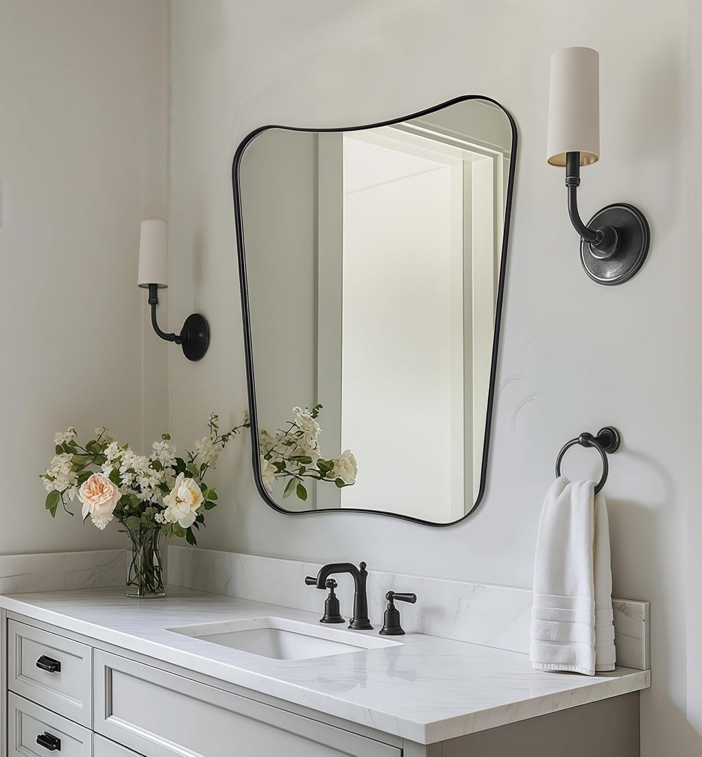 MIRRORART Contempoary 22x30'' Black Vanity Mirror for Bathroom Sink | Medium Irregular Wall Mirrors Butterfly-Shaped in 1'' Premium Metal Frame for Home Remodel, Entryway, Hang Vertical Only