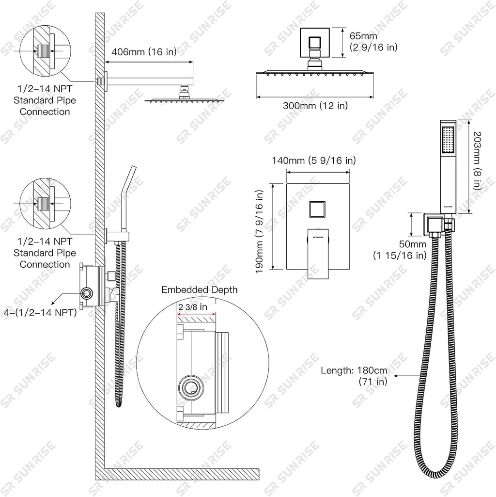 SR SUN RISE 12 Inches Bathroom Luxury Rain Mixer Shower Combo Set Wall Mounted Rainfall Shower Head System Brushed Nickel Finish Shower Faucet Rough-In (12 Inch, Brushed Gold)