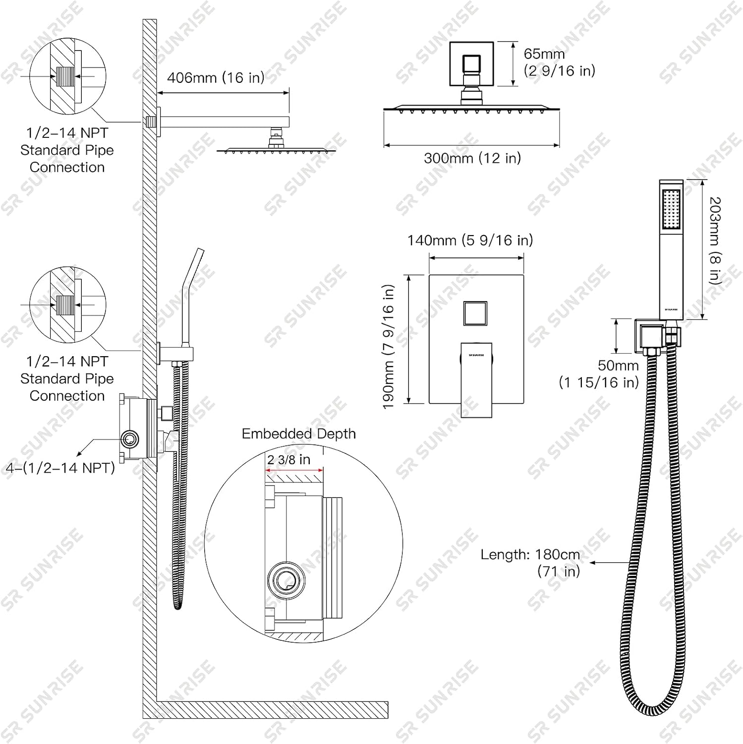 SR SUN RISE 12 Inches Bathroom Luxury Rain Mixer Shower Combo Set Wall Mounted Rainfall Shower Head System Brushed Nickel Finish Shower Faucet Rough-In (12 Inch, Brushed Gold)