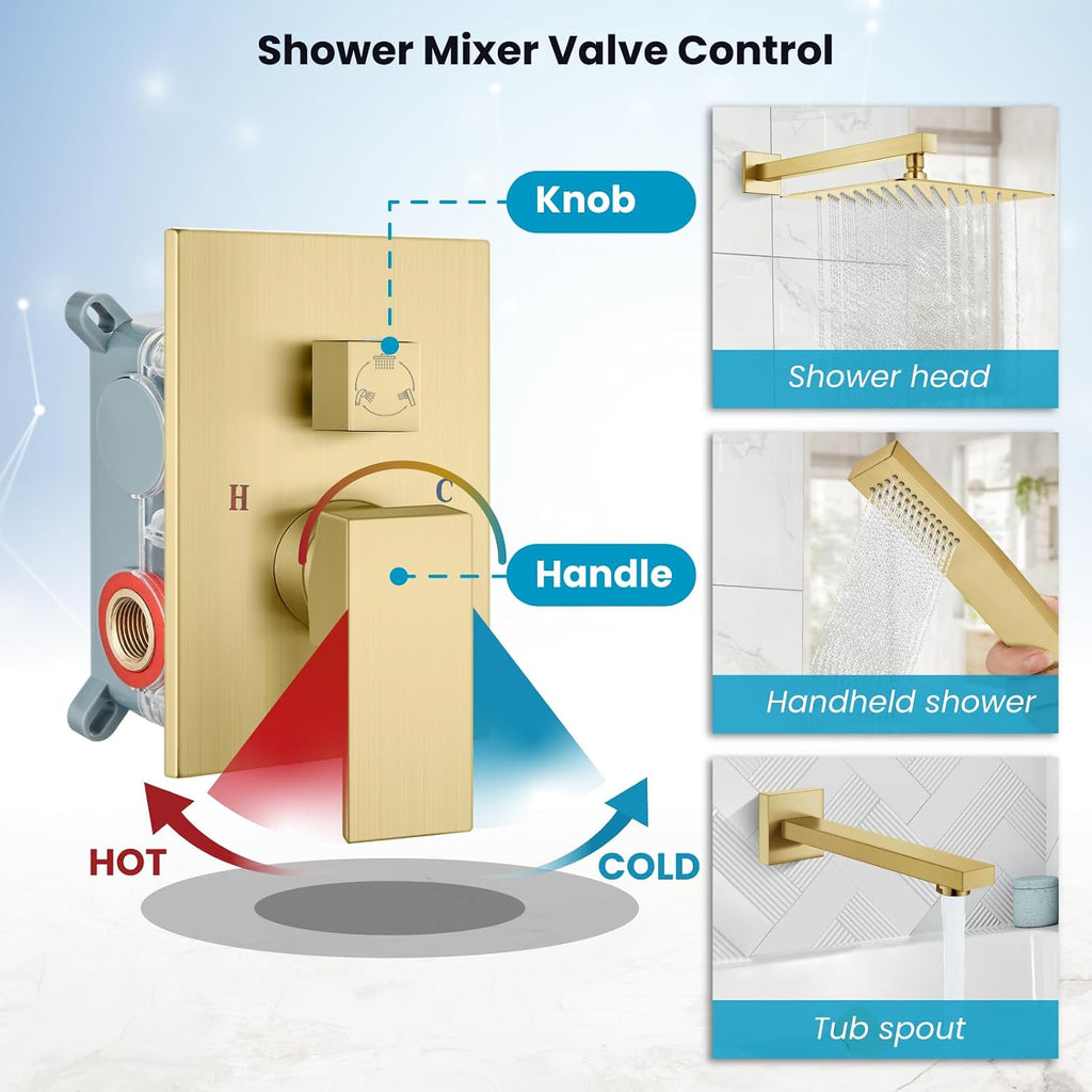 gotonovo Shower System with Tub Spout Wall Mounted Rain Shower Head and Handle Combo Shower Faucet Set with Valve, 12 Inch, Brushed Gold