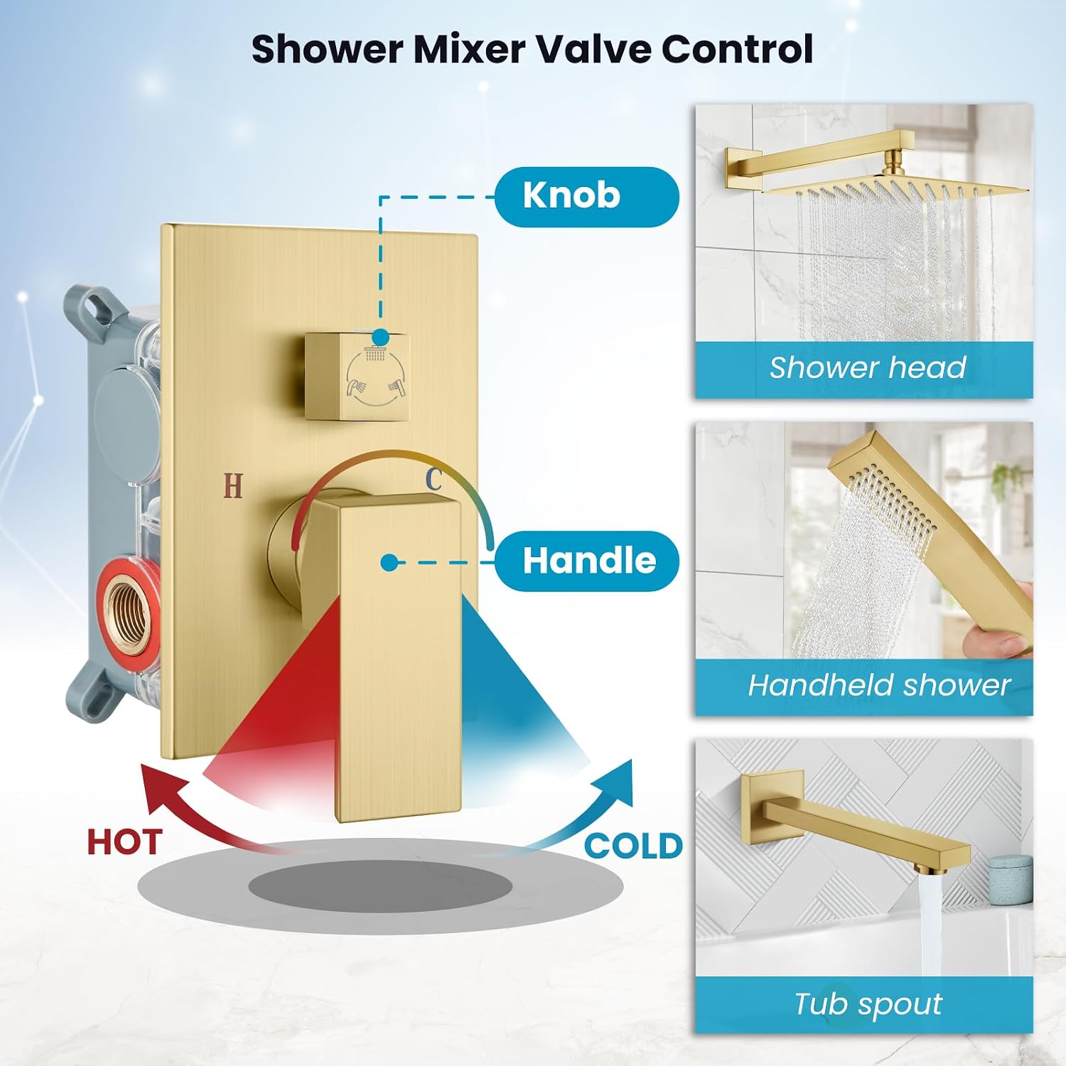 gotonovo Shower System with Tub Spout Wall Mounted Rain Shower Head and Handle Combo Shower Faucet Set with Valve, 12 Inch, Brushed Gold