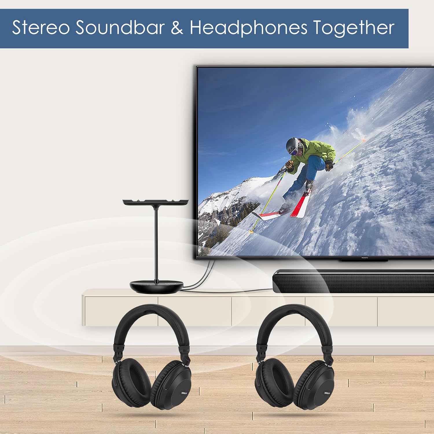 SIMOLIO 737D Plus Wireless Headphones for TV Watching, By-Pass to Soundbar, Cinema & Clear Dialog Modes, Volume Boosted Dual Headphones Bluetooth for Seniors, No Delay, TV & Bluetooth Mode, 164FT/50M