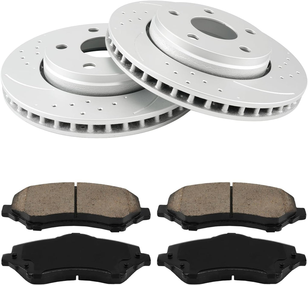 KAX Front Brake Kit Fits for Jeep Wrangler 2007 2008 2009 2010 2011 2012 2013 2014 2015 2016 2017, Wrangler JK 2018, Drilled & Slotted Brake Rotors Ceramic Brake Pads Replacement Kit