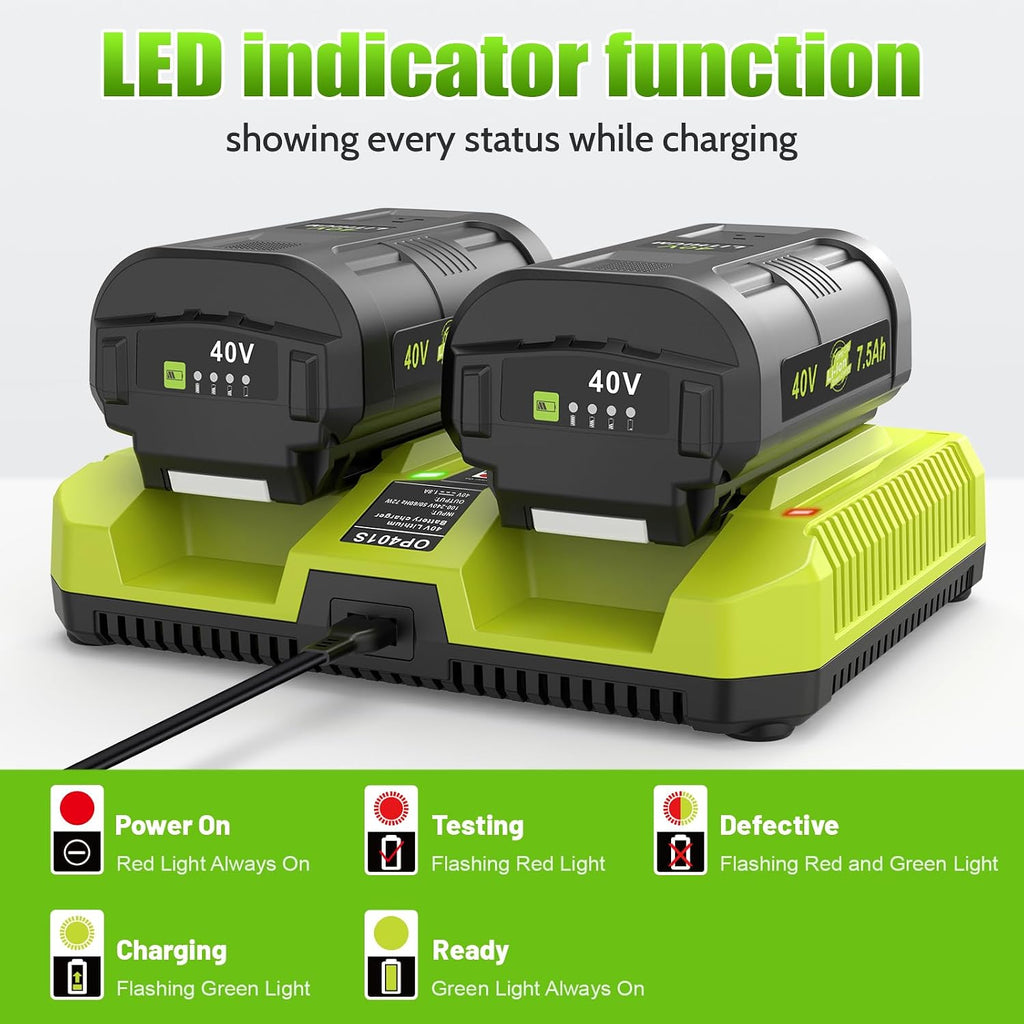7.5Ah Replacement for Ryobi 40V Battery and Dual Charger Combo Compatible with Ryobi 40V Lithium Battery OP4040 OP4026 OP40601 OP4050A OP4030 OP4050 OP40201 OP40401 (2Battery+1Charger)