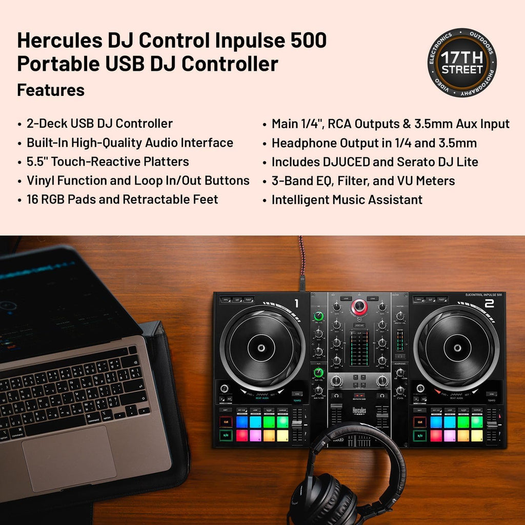 Hercules DJ Control Inpulse 500 Portable USB DJ Controller - 2-Deck DJ Controller with On Stage AA3500 Wired Headphones, Laptop Stand & Cleaning Cloth - Includes DJUCED and Serato DJ Lite (Bundle Set)