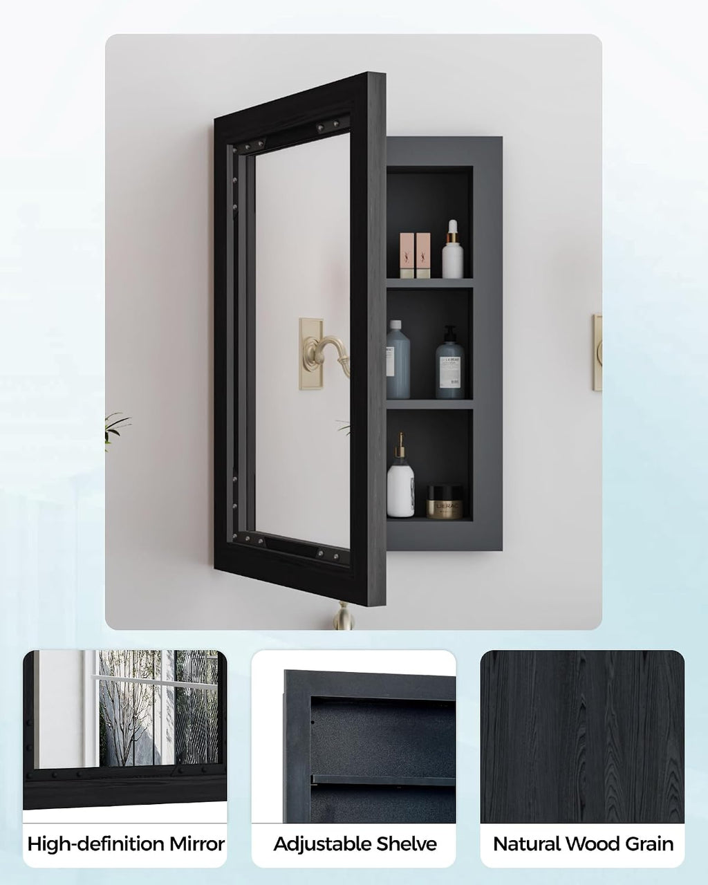 FLYJOE Medicine Cabinet Mirror 16x24 Inch Farmhouse Bathroom Mirror Door Solid Wood Storage Cabinet with Adjustable Shelves, Wall Mounted for Bathroom Living Room, Black