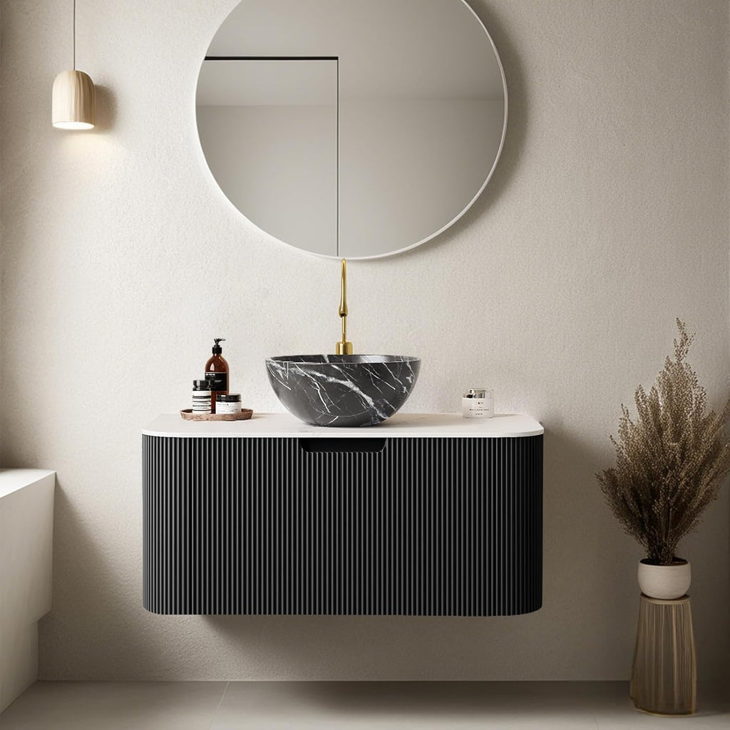 30' Floating Bathroom Vanity with Sink, Natural Solid Wood Modern Bathroom Vanities with Ultra-Thin Marble Sink and Countertop, Soft-Close Design, Pre-Assembled Cabinet, Black