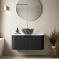 30' Floating Bathroom Vanity with Sink, Natural Solid Wood Modern Bathroom Vanities with Ultra-Thin Marble Sink and Countertop, Soft-Close Design, Pre-Assembled Cabinet, Black