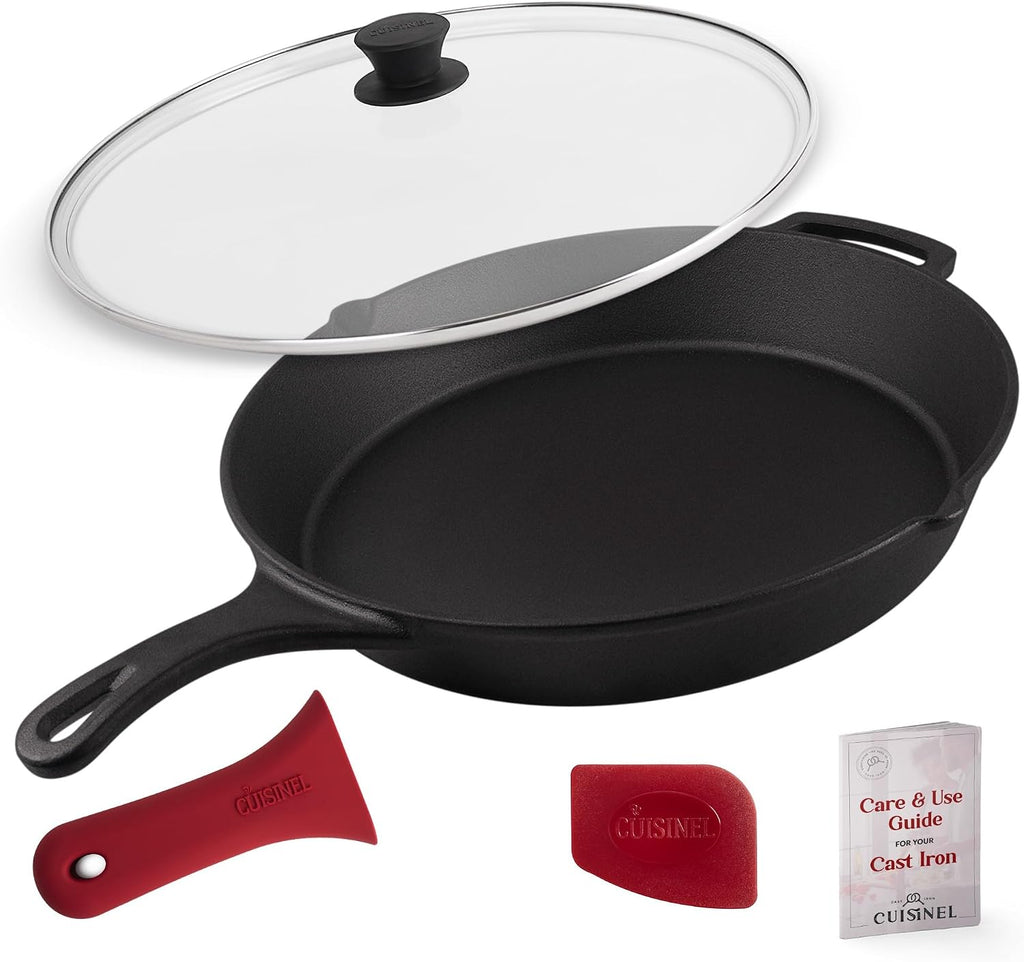 Cuisinel Cast Iron Skillet with Glass Lid Cover - Large 15'-inch Frying Pan + Scraper + Silicone Handle Grip - Pre-seasoned Kitchen Cookware - Indoor/Outdoor - Camping, Grilling, BBQ, Oven Use
