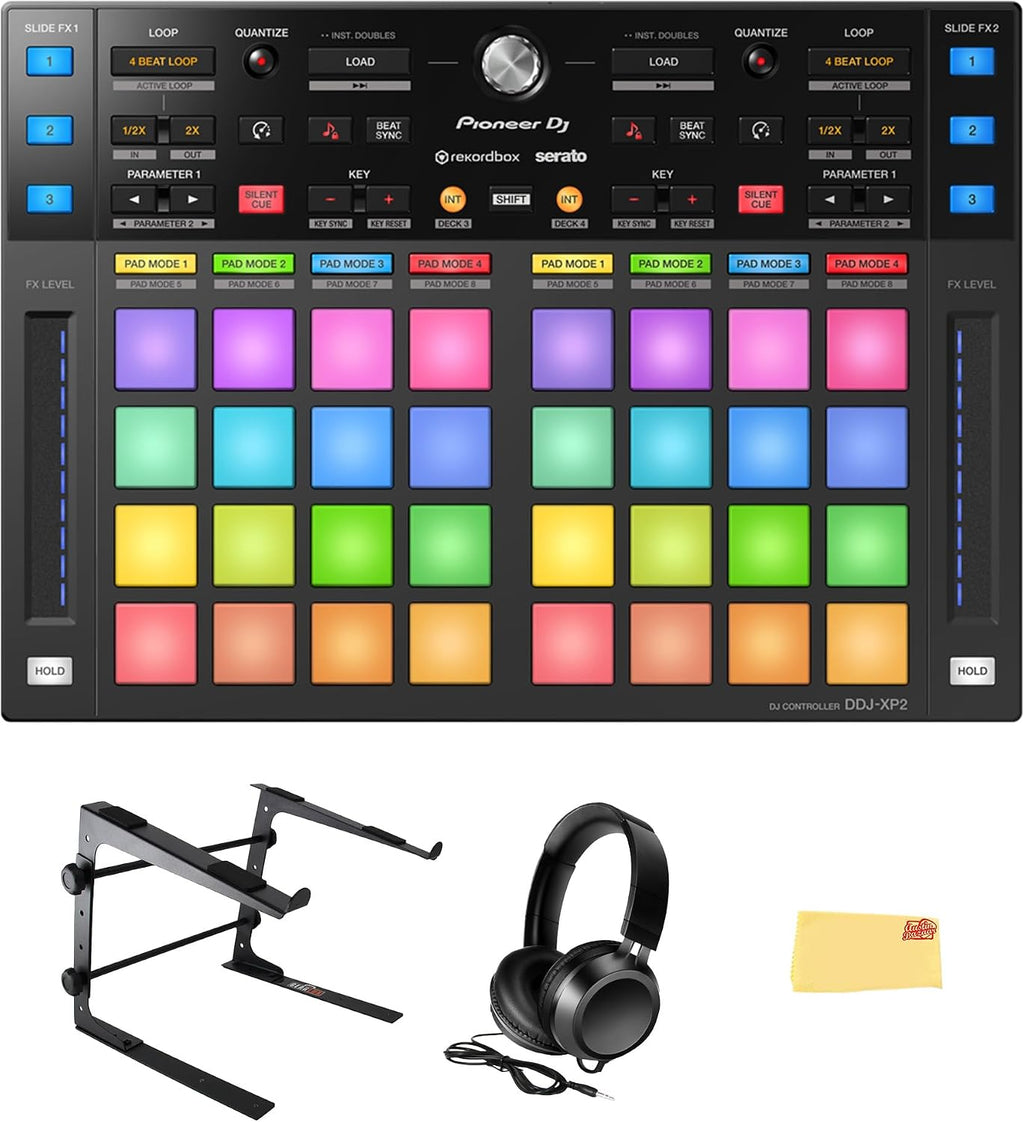 Pioneer DJ DDJ-XP2 Sub-Controller for Rekordbox & Serato DJ Pro Bundle with Laptop Stand, Headphones, and Austin Bazaar Polishing Cloth