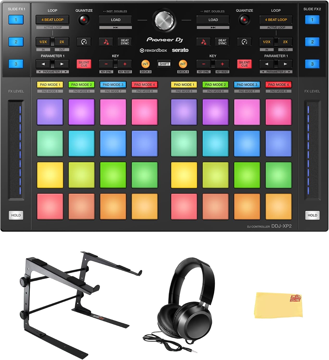 Pioneer DJ DDJ-XP2 Sub-Controller for Rekordbox & Serato DJ Pro Bundle with Laptop Stand, Headphones, and Austin Bazaar Polishing Cloth