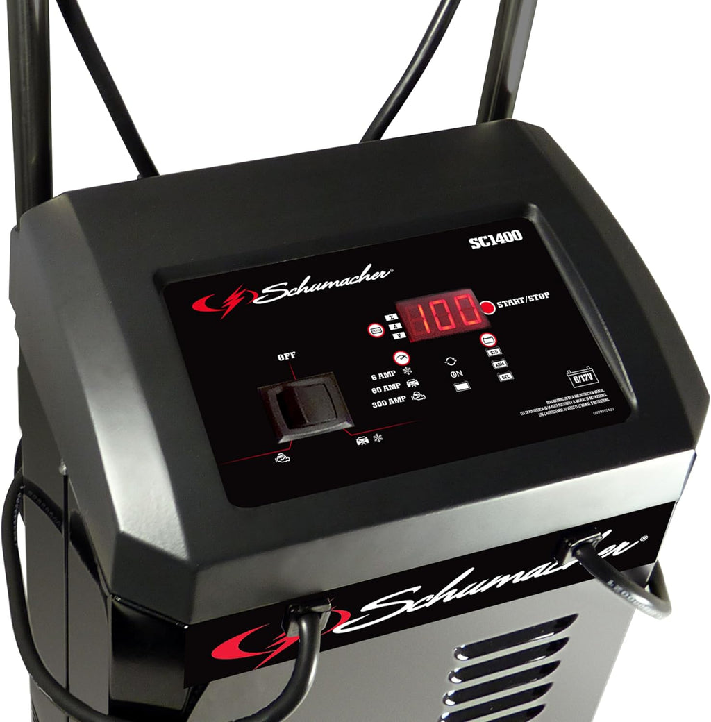 Schumacher Electric Wheeled Automatic 6A Car Battery Charger and 300A Engine Starter, 4-in-1 Solution, Maintainer, 60A Boost, for 6V/12V Power Sport, Automotive, and Marine Batteries, SC1400