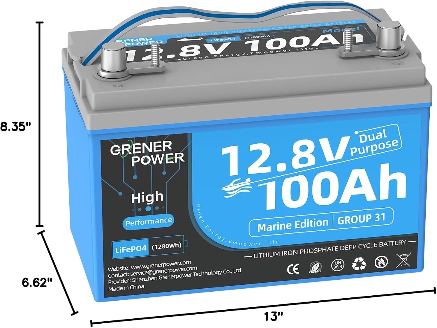 12.8V100Ah Group 31 Dual Purpose LiFePO4 Battery, Built-in 200A BMS, IP66 Waterproof, and Max. 900A Marine Cranking Starting Lithium Battery, Up to 4P4S for Outboard Motors, Boat, RV, Home