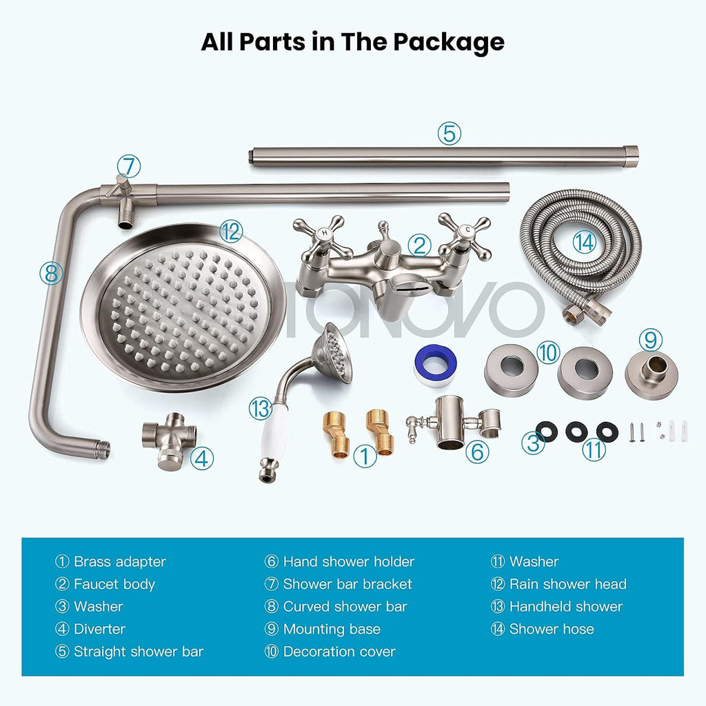 gotonovo Bathroom Exposed Shower Faucet Outdoor Shower System 8 Inch Rainfall Shower Head Set with Tub Spout and Handheld Spray Double Cross Handles Wall Mount without Shower Shelf Brushed Nickel
