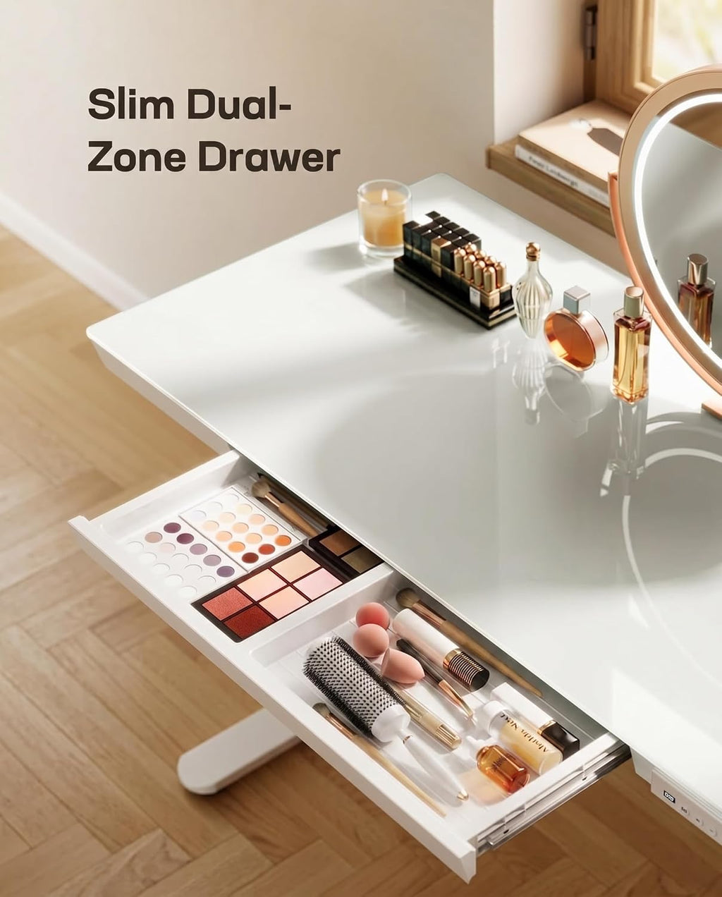Marsail Glass Standing Desk with Drawer, 47.24 inch Electric Standing Desk, Height Adjustable Desk with One-Piece Tabletop & USB Charging Ports, Sit Stand Desk with Storage for Home & Office White