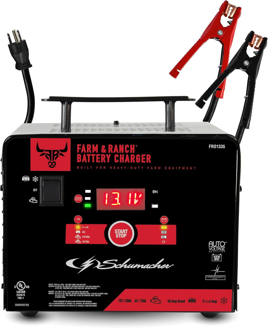 Schumacher Electric Farm & Ranch 6A Car Battery Charger and 200A Engine Starter, 4-in-1 Solution, Maintainer, 40A Boost, for 6V/12V Power Sport, Automotive, and Marine Batteries, FR01335